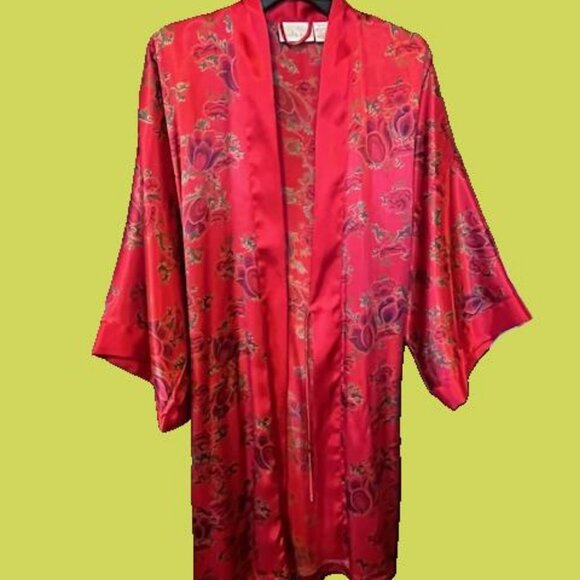 Vintage Red Kimono short floral print Robe 14/20 - Picture 4 of 8